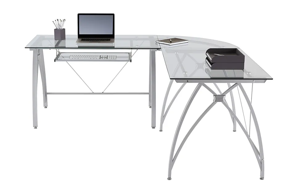Realspace® Vista Glass 76"W L-Shape Corner Desk, Silver