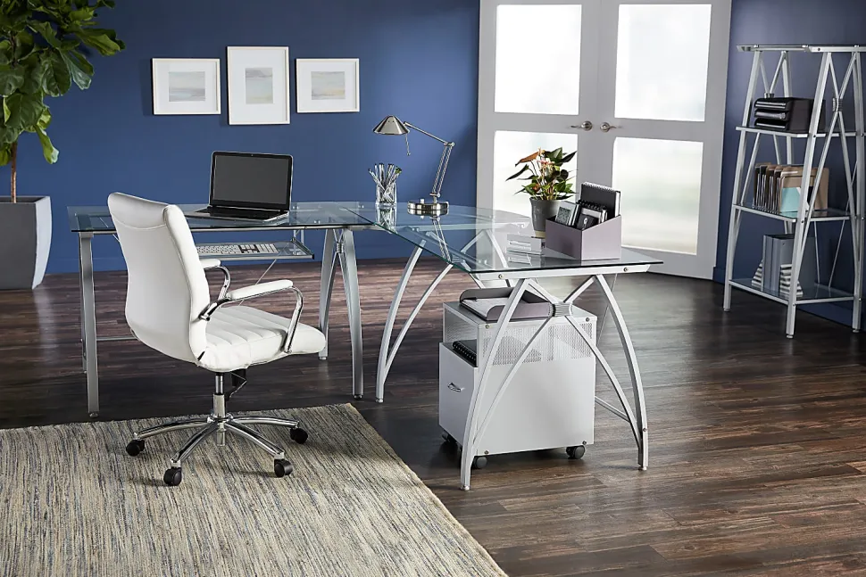 Realspace® Vista Glass 76"W L-Shape Corner Desk, Silver