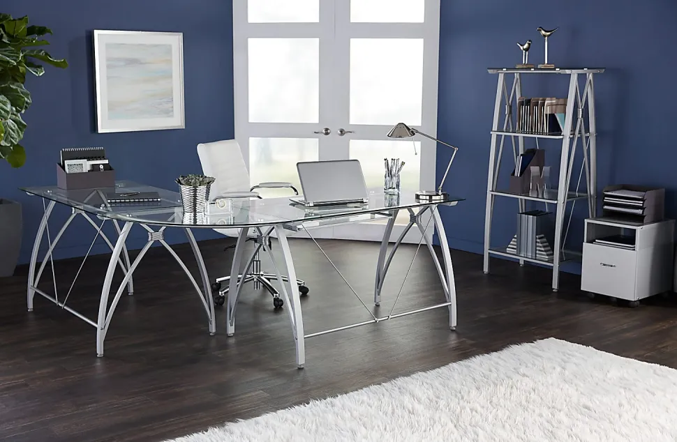 Realspace® Vista Glass 76"W L-Shape Corner Desk, Silver