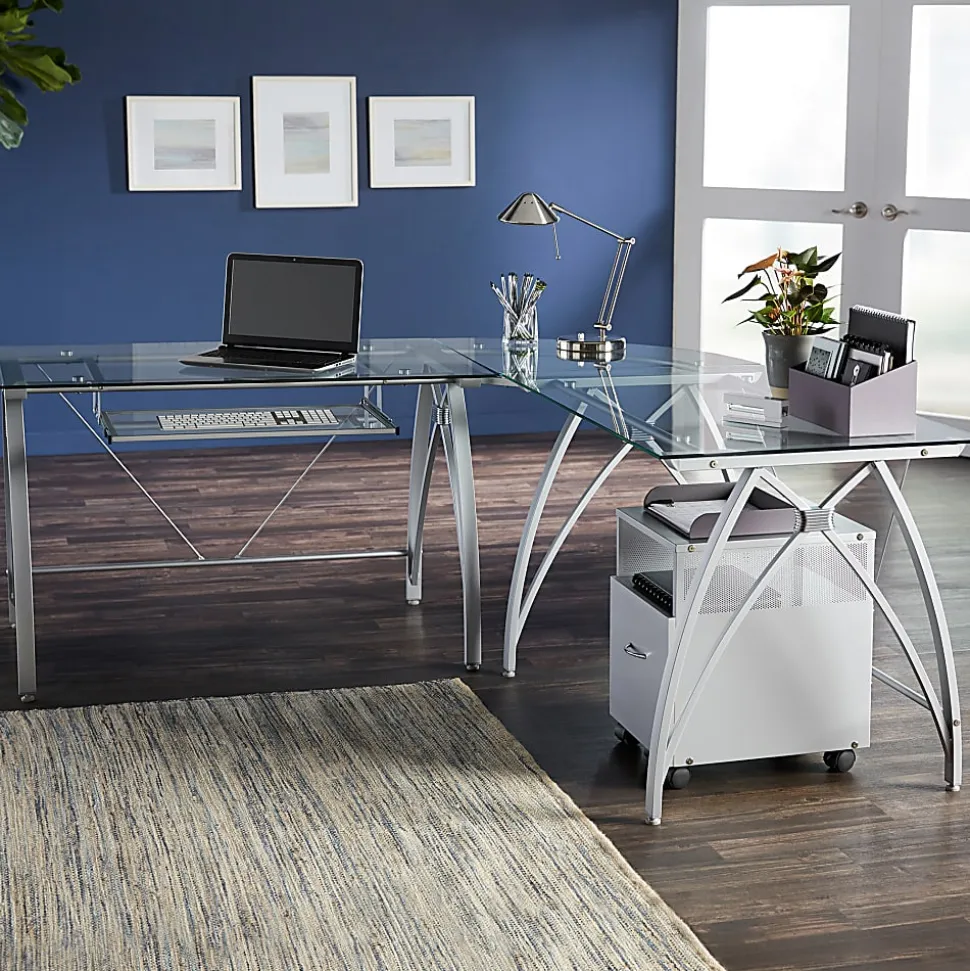 Realspace® Vista Glass 76"W L-Shape Corner Desk, Silver