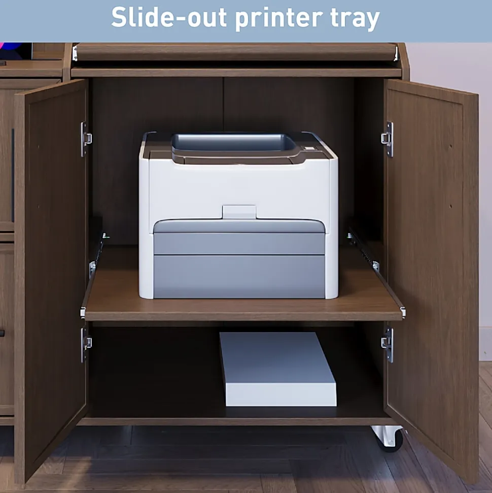 Realspace® 40”W Multifunction Mobile File Cabinet Printer Stand with Integrated Power & Charging, Espresso Oak, BIFMA Compliant