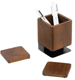 Realspace® Wood/Metal Pen Cup With Coasters, 5-1/4"H x 3-3/4"W x 3-3/4"D, Walnut/Black