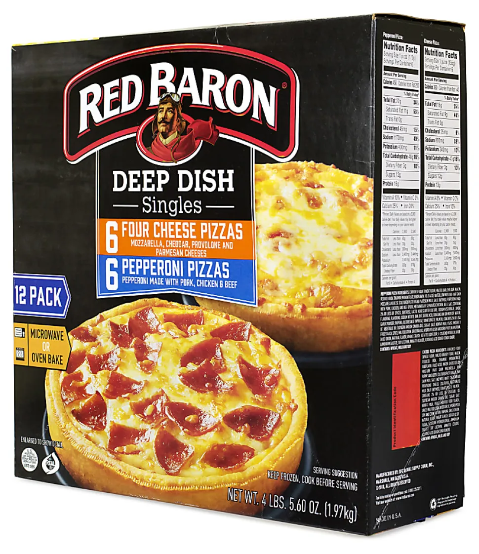 Red Baron Deep Dish Pizza Singles Variety Pack, 4-Cheese/Pepperoni, 70.56-Oz, Box Of 12