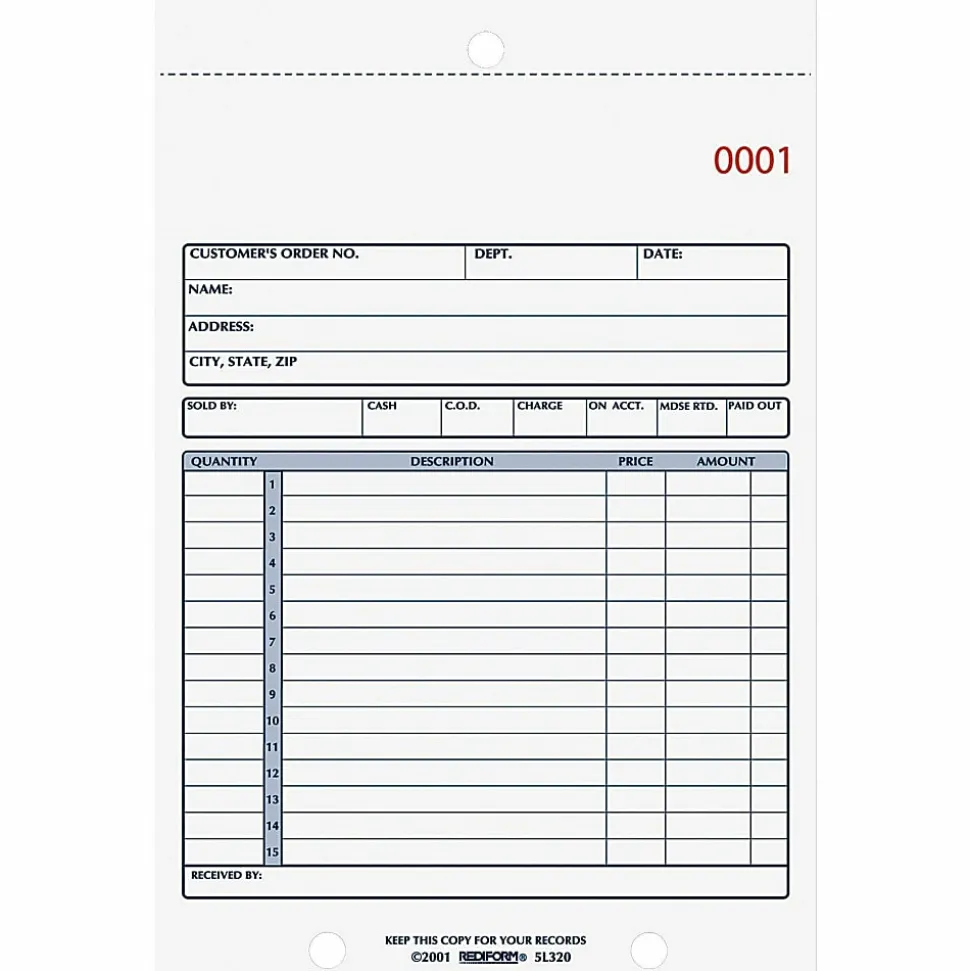 Rediform 2-Part Carbonless Sales Forms - 50 Sheet(s) - Stapled - 2 Part - Carbonless Copy - 5.50"x7.87" Sheet Size - 5L320