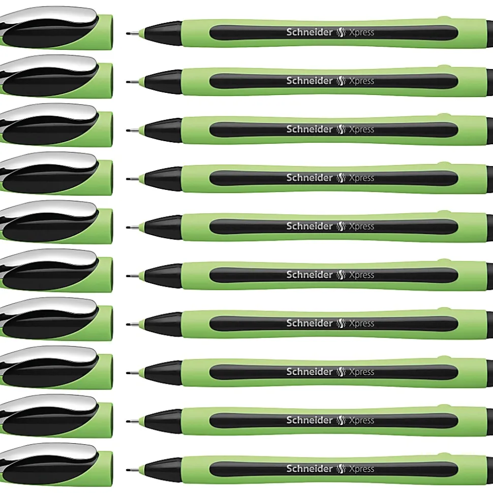 Rediform Schneider Xpress Premium Fineliner Pens, Fine Point, 0.8 mm, Black/Green Barrel, Black Ink, Pack Of 10 Pens