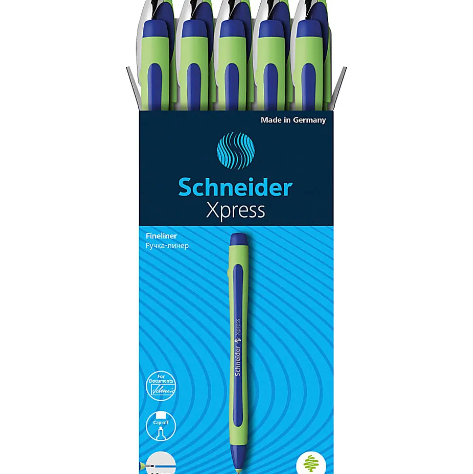 Rediform Schneider Xpress Premium Fineliner Pens, Fine Point, 0.8 mm, Blue/Green Barrel, Blue Ink, Pack Of 10 Pens