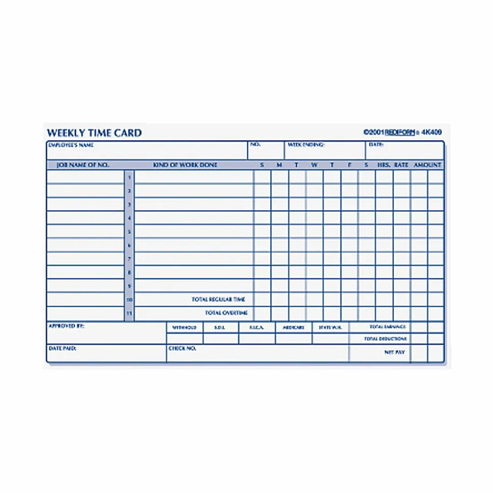 Rediform® Weekly Time Clock Card Pad, 4.25" x 7", Manila, Pad Of 100