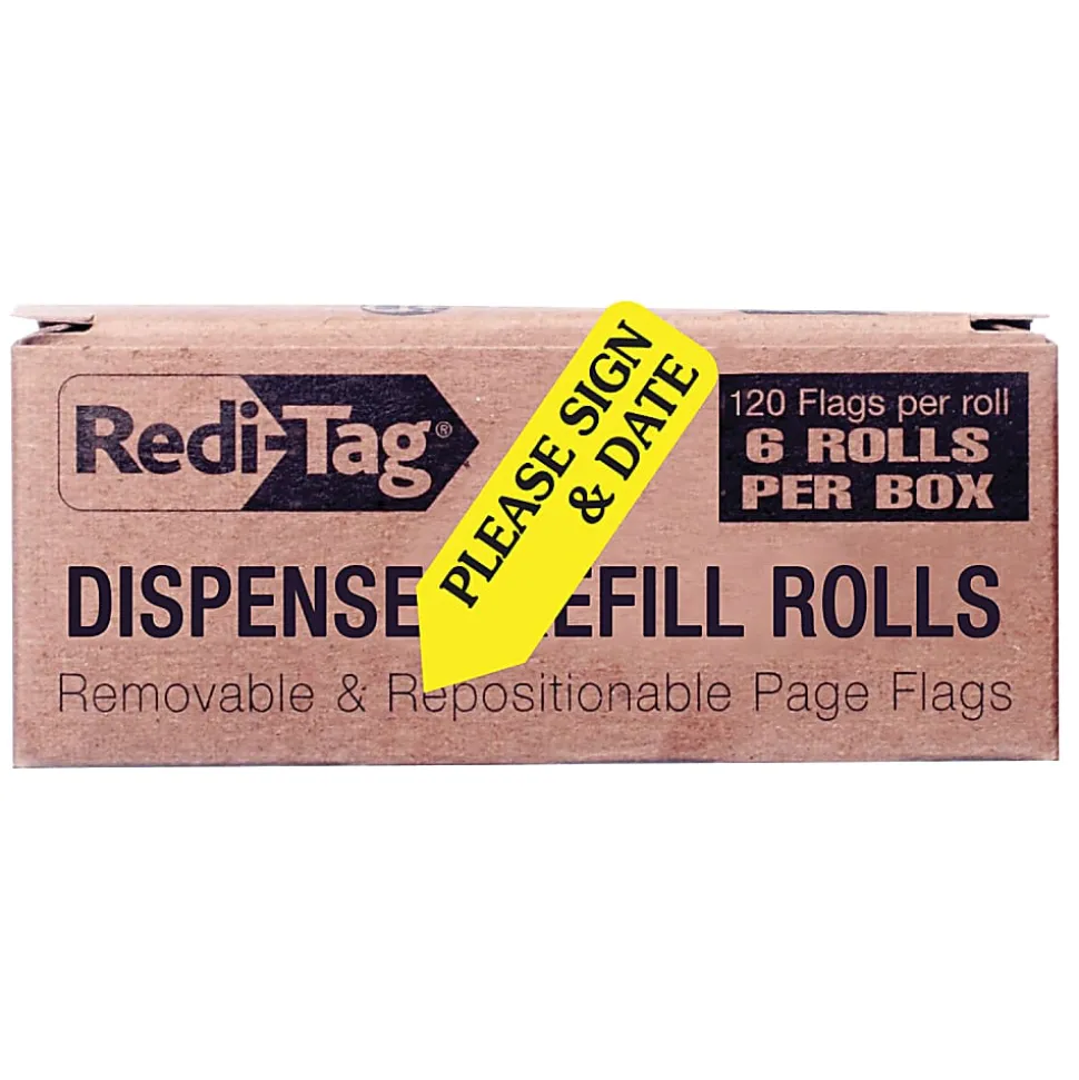 Redi-Tag® Preprinted Signature Flags Refill, "PLEASE SIGN & DATE", Yellow, Removable, 120 Flags Per Roll, 6 Rolls