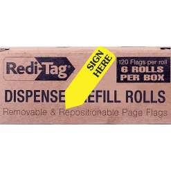 Redi-Tag Sign Here Arrow Flags Dispenser Refills, 1.88" x 0.56" - "SIGN HERE", Yellow, Removable, 120 Flags Per Roll, 6 Rolls