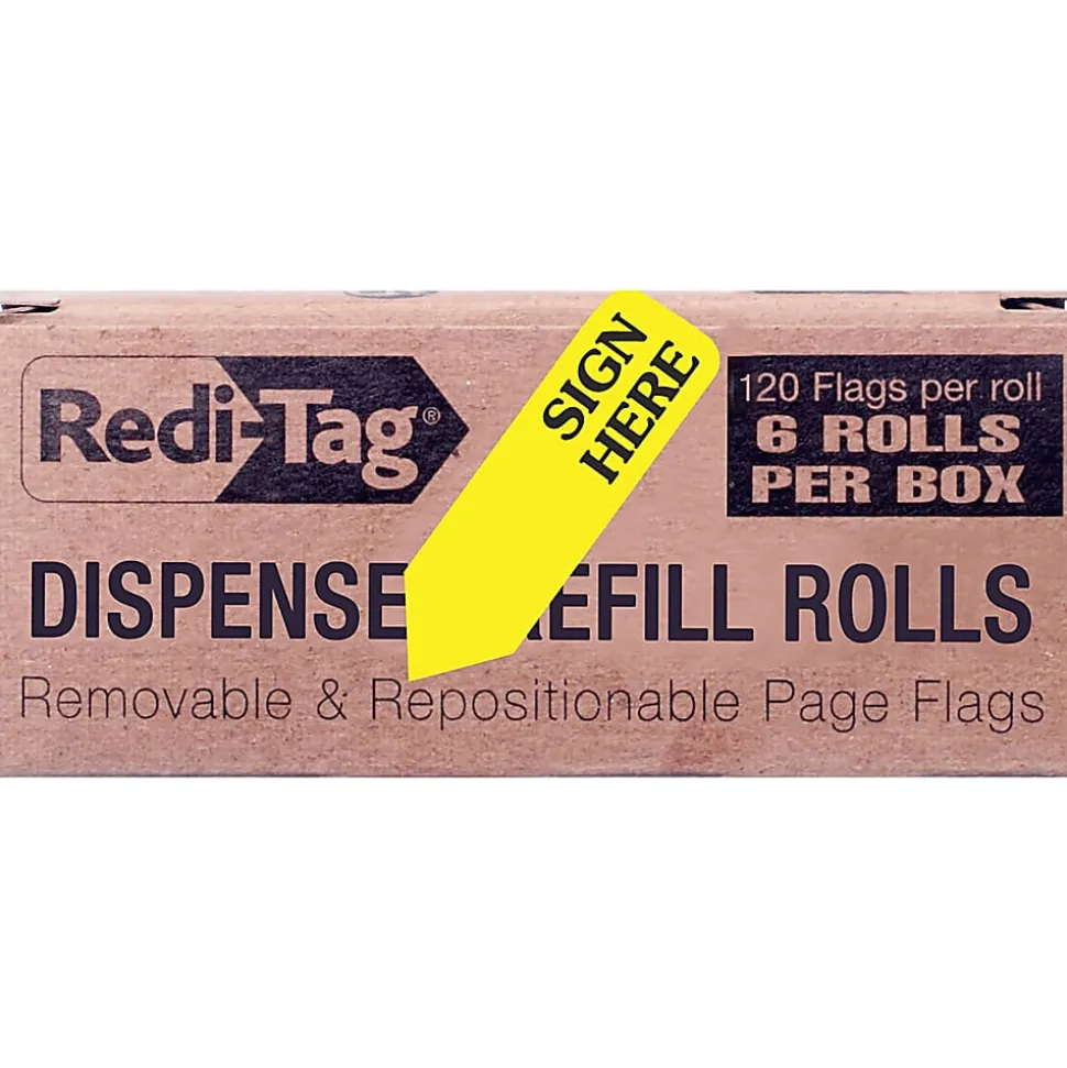 Redi-Tag Sign Here Arrow Flags Dispenser Refills, 1.88" x 0.56" - "SIGN HERE", Yellow, Removable, 120 Flags Per Roll, 6 Rolls