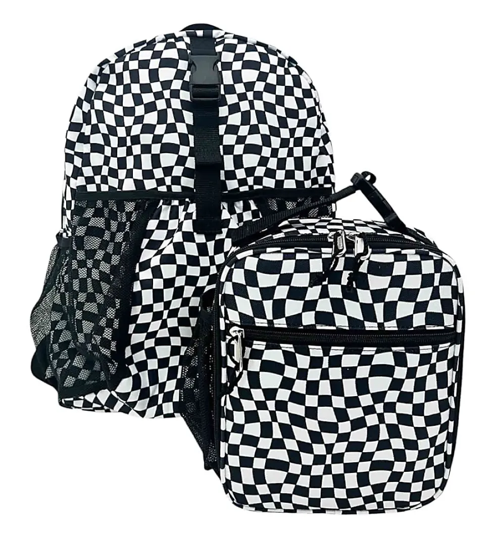 RED.STONE 2-Piece Backpack/Lunch Bag Set With Laptop/Tablet Pocket, White/Black Checks