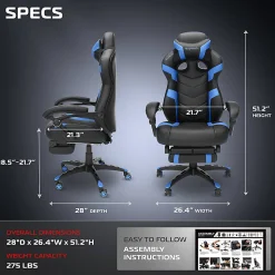 RESPAWN 110 Pro Gaming Chair, With Footrest & Headrest Pillow, Blue, RSP110V2BLU
