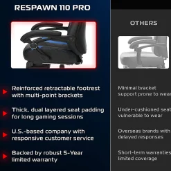 RESPAWN 110 Pro Gaming Chair, With Footrest & Headrest Pillow, Blue, RSP110V2BLU