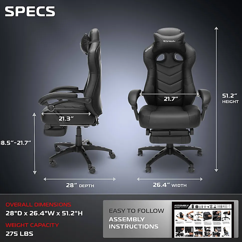 RESPAWN 110 Pro Gaming Chair, With Footrest & Headrest Pillow, Black, RSP110V2BLK