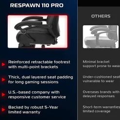 RESPAWN 110 Pro Gaming Chair, With Footrest & Headrest Pillow, Black, RSP110V2BLK