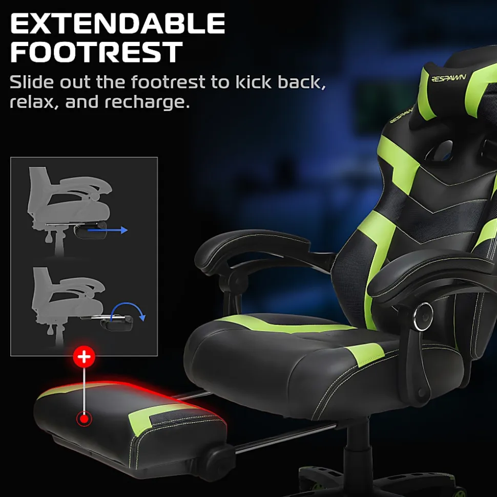 RESPAWN 110 Pro Gaming Chair, With Footrest & Headrest Pillow, Green, RSP110V2GRN