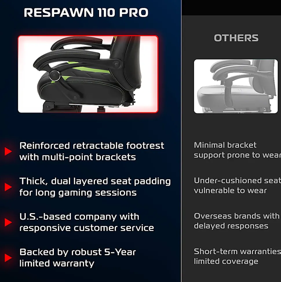 RESPAWN 110 Pro Gaming Chair, With Footrest & Headrest Pillow, Green, RSP110V2GRN