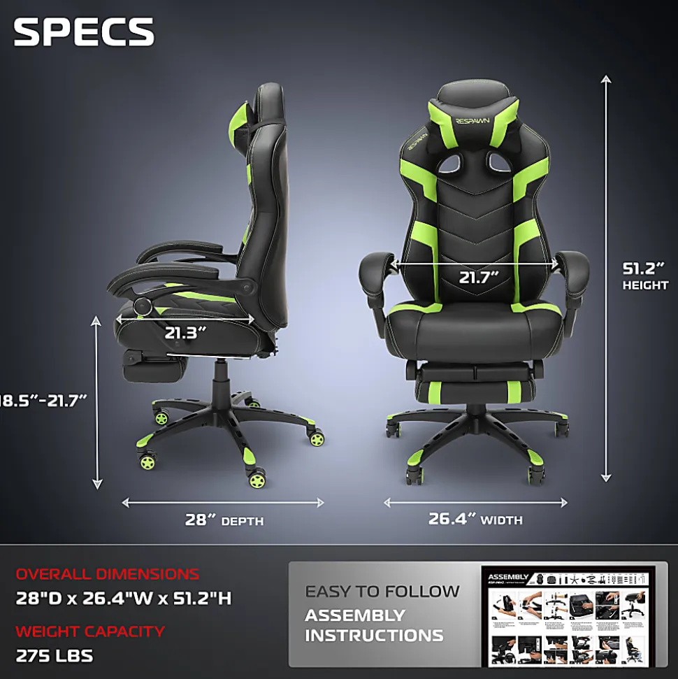 RESPAWN 110 Pro Gaming Chair, With Footrest & Headrest Pillow, Green, RSP110V2GRN