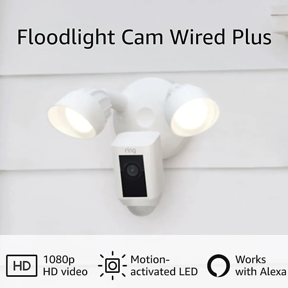 Ring Floodlight Cam Wired Plus, 11"H x 8.25"W x 7"D, White