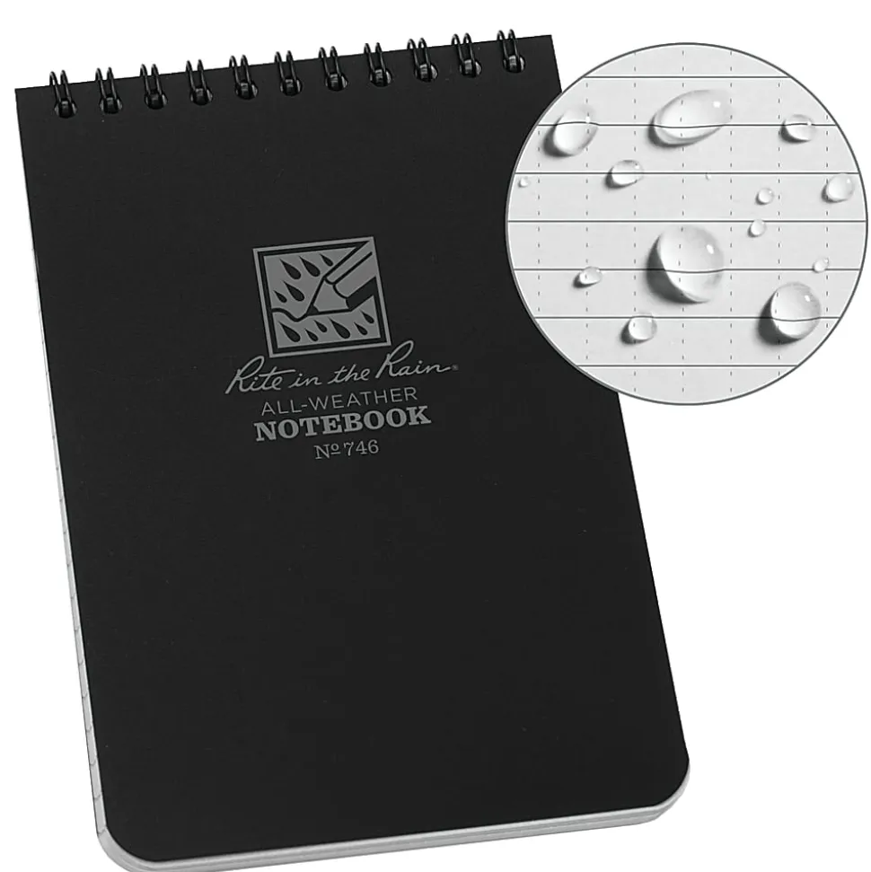 Rite in the Rain Top-Spiral Pocket Notebook, 4" x 6", Universal Rule, 100 Pages (50 Sheets), Black