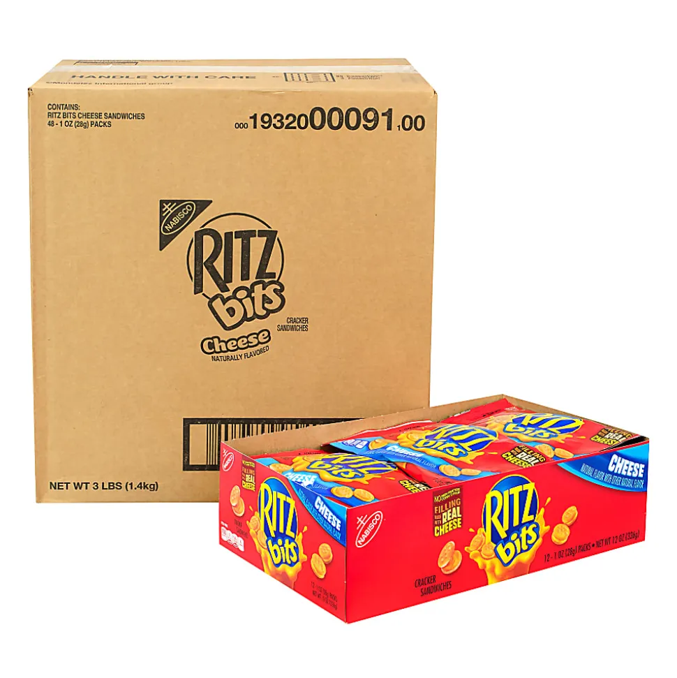 RITZ Bits Cheese Sandwich Crackers, 1 Oz Pouch, Box Of 48 Pouches