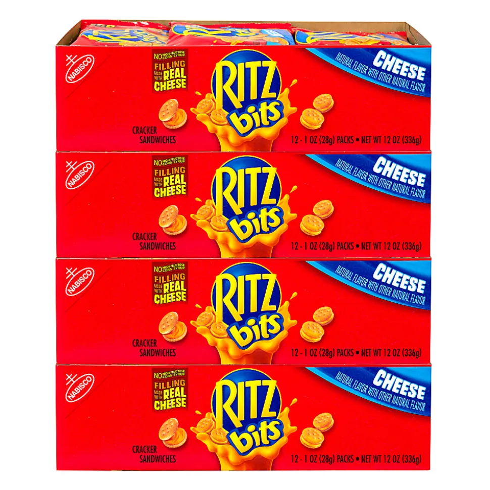 RITZ Bits Cheese Sandwich Crackers, 1 Oz Pouch, Box Of 48 Pouches