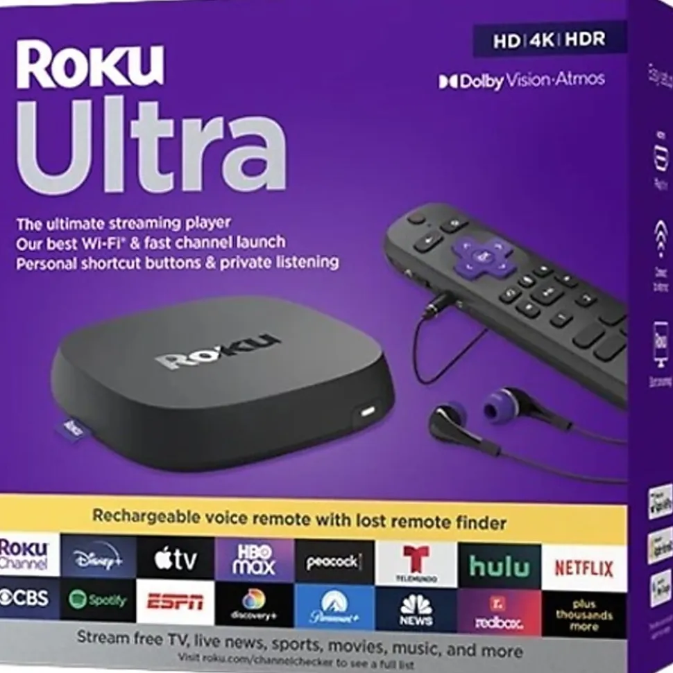 Roku Ultra 4K/HDR/Dolby Vision Streaming Device And Voice Remote Pro With Rechargeable Battery, Black