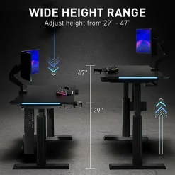 RS Gaming™ Chronos 66”W Height-Adjustable Gaming Desk with Integrated Power and Charging, Black, BIFMA Compliant