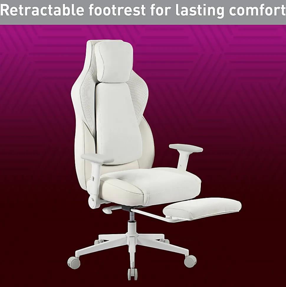 RS Gaming™ Saphira Ergonomic Fabric/Vegan Leather High-Back Gaming Chair With Footrest, Warm White, BIFMA Compliant