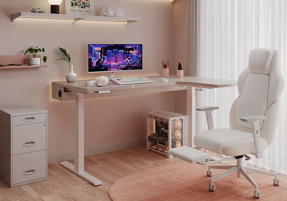 RS Gaming™ Saphira Ergonomic Fabric/Vegan Leather High-Back Gaming Chair With Footrest, Warm White, BIFMA Compliant