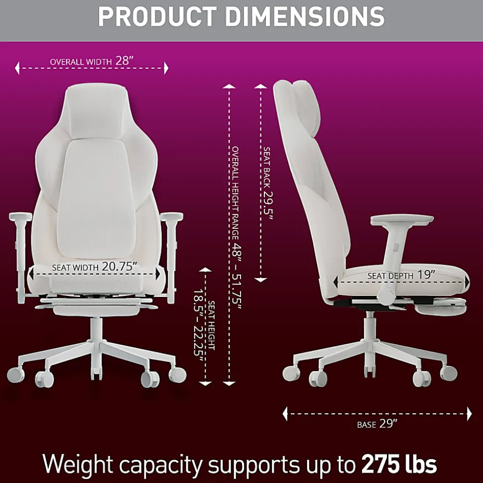 RS Gaming™ Saphira Ergonomic Fabric/Vegan Leather High-Back Gaming Chair With Footrest, Warm White, BIFMA Compliant