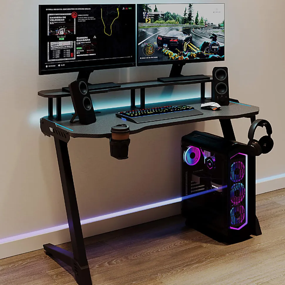 RS Gaming™ Venno 2.0 RGB Gaming Computer Desk with Hutch & Integrated Power, Black, BIFMA Compliant
