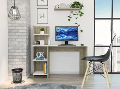 RTA Vilna 48"W Computer Desk With 4-Shelves, Medium Natural Wood Finish/White