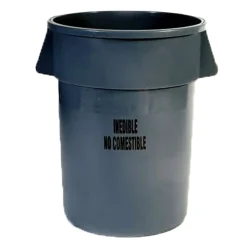 Rubbermaid® BRUTE Round Plastic Trash Can With Inedible Label, 44 Gallons, Gray