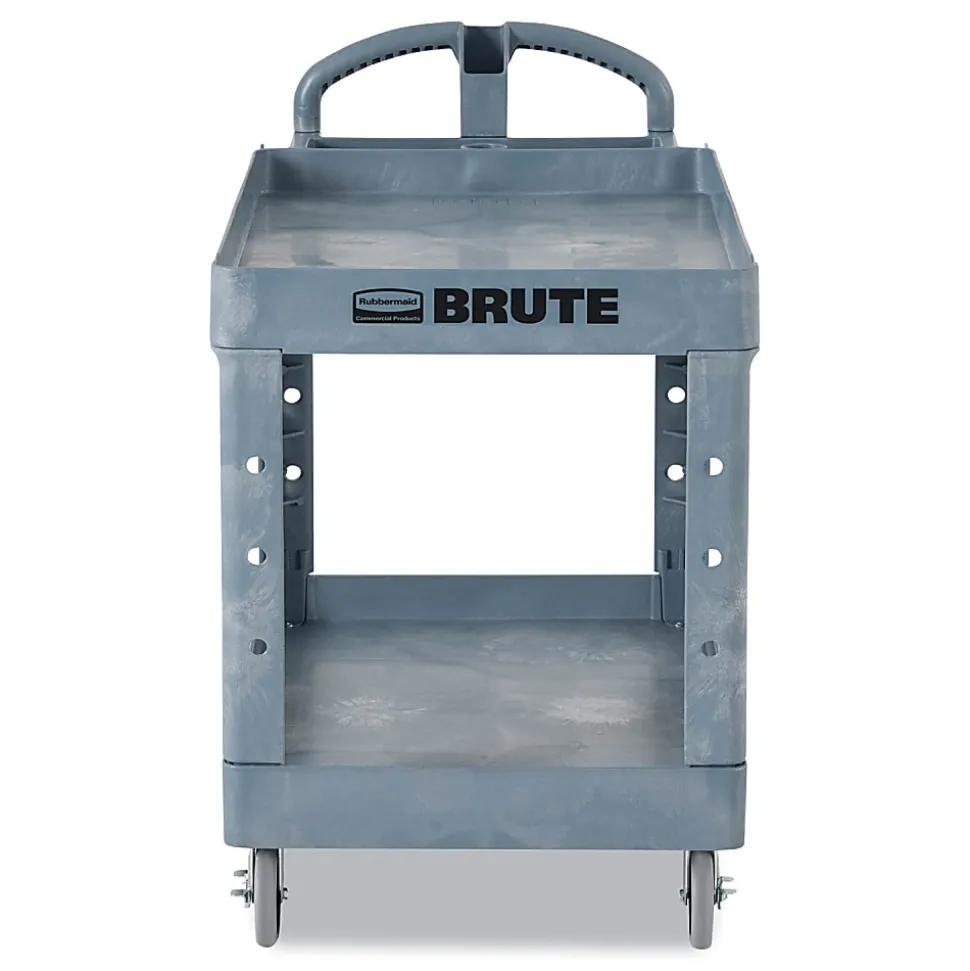 Rubbermaid® Commercial BRUTE Heavy-Duty Ergo Handle Utility Cart, Plastic, 2 Shelves, 750 lb Capacity, 26" x 55" x 33.25", Gray