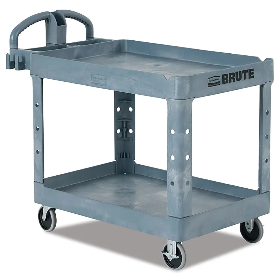 Rubbermaid® Commercial BRUTE Heavy-Duty Ergo Handle Utility Cart, Plastic, 2 Shelves, 750 lb Capacity, 26" x 55" x 33.25", Gray
