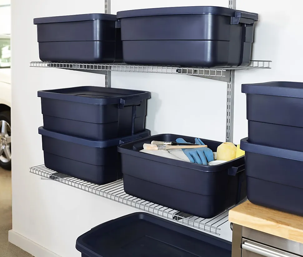 Rubbermaid® Roughneck Tote With Lid, 10 Gallons, 8-7/8"H x 15-7/8"W x 23-7/8"D, Dark Indigo Metallic