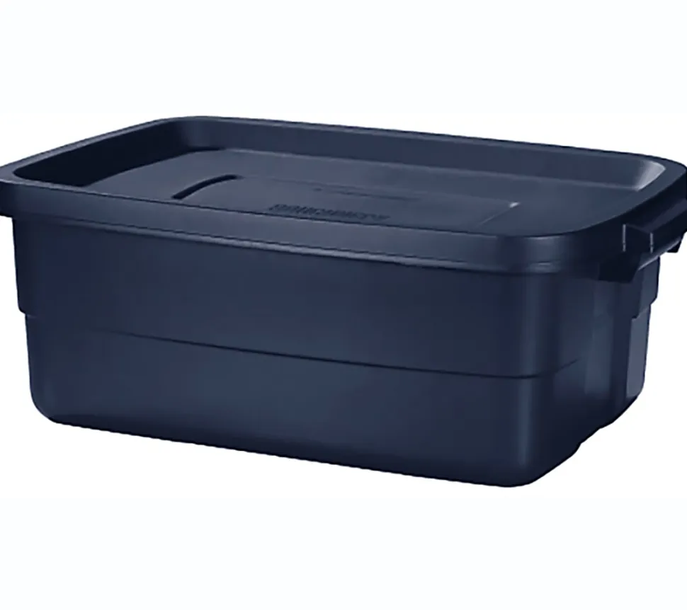 Rubbermaid® Roughneck Tote With Lid, 10 Gallons, 8-7/8"H x 15-7/8"W x 23-7/8"D, Dark Indigo Metallic