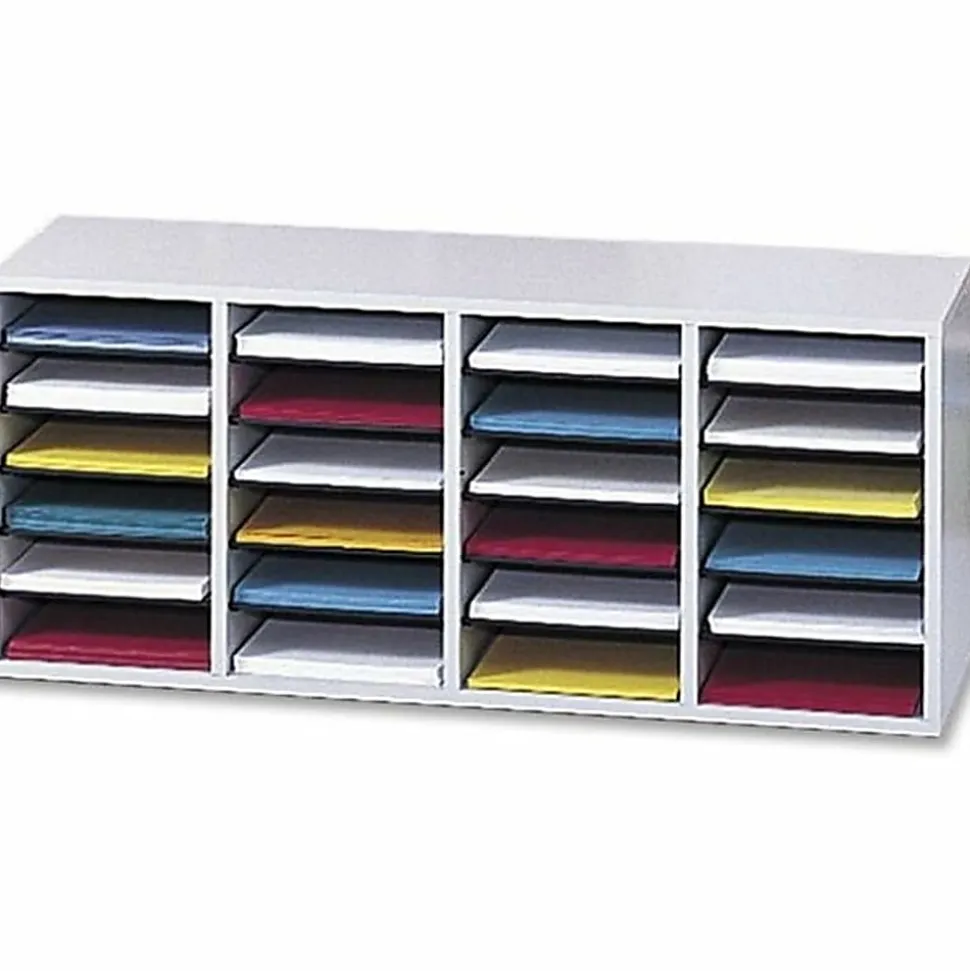 Safco® Adjustable Wood Literature Organizer, 16 3/8"H x 39 3/8"W x 11 3/4"D, 24 Compartments, Gray