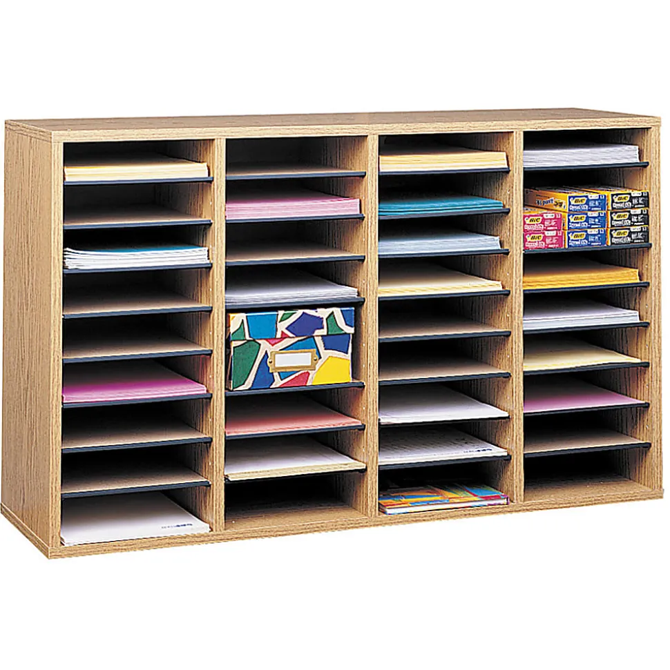 Safco® Adjustable Wood Literature Organizer, 24"H x 39-3/8"W x 11-3/4"D, 36 Compartments, Oak