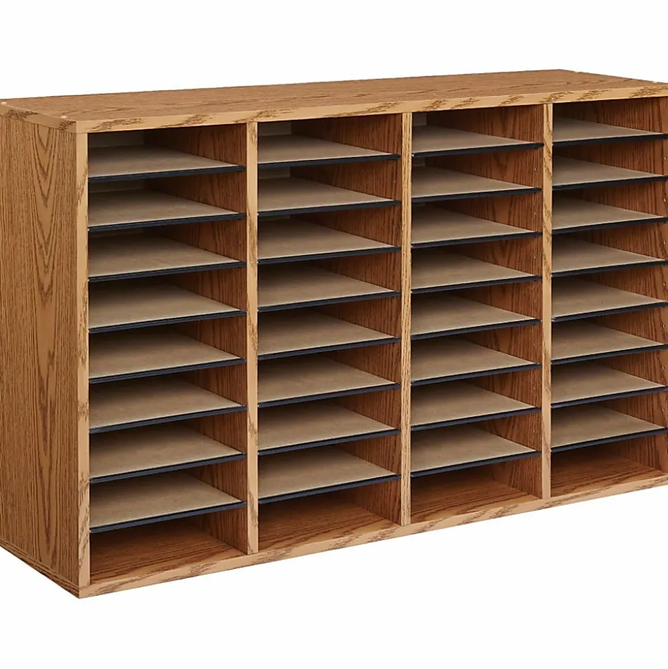 Safco® Adjustable Wood Literature Organizer, 24"H x 39-3/8"W x 11-3/4"D, 36 Compartments, Oak