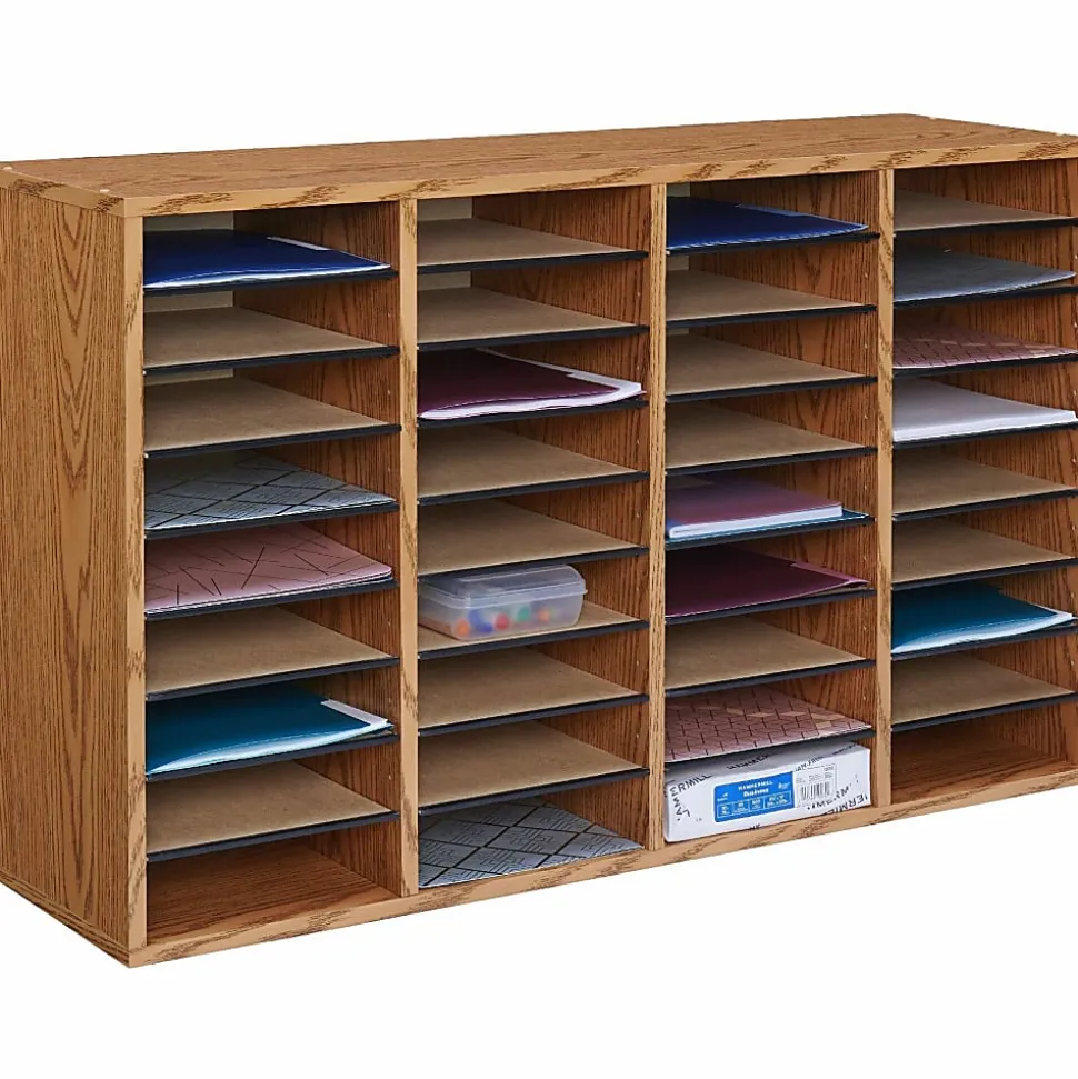 Safco® Adjustable Wood Literature Organizer, 24"H x 39-3/8"W x 11-3/4"D, 36 Compartments, Oak
