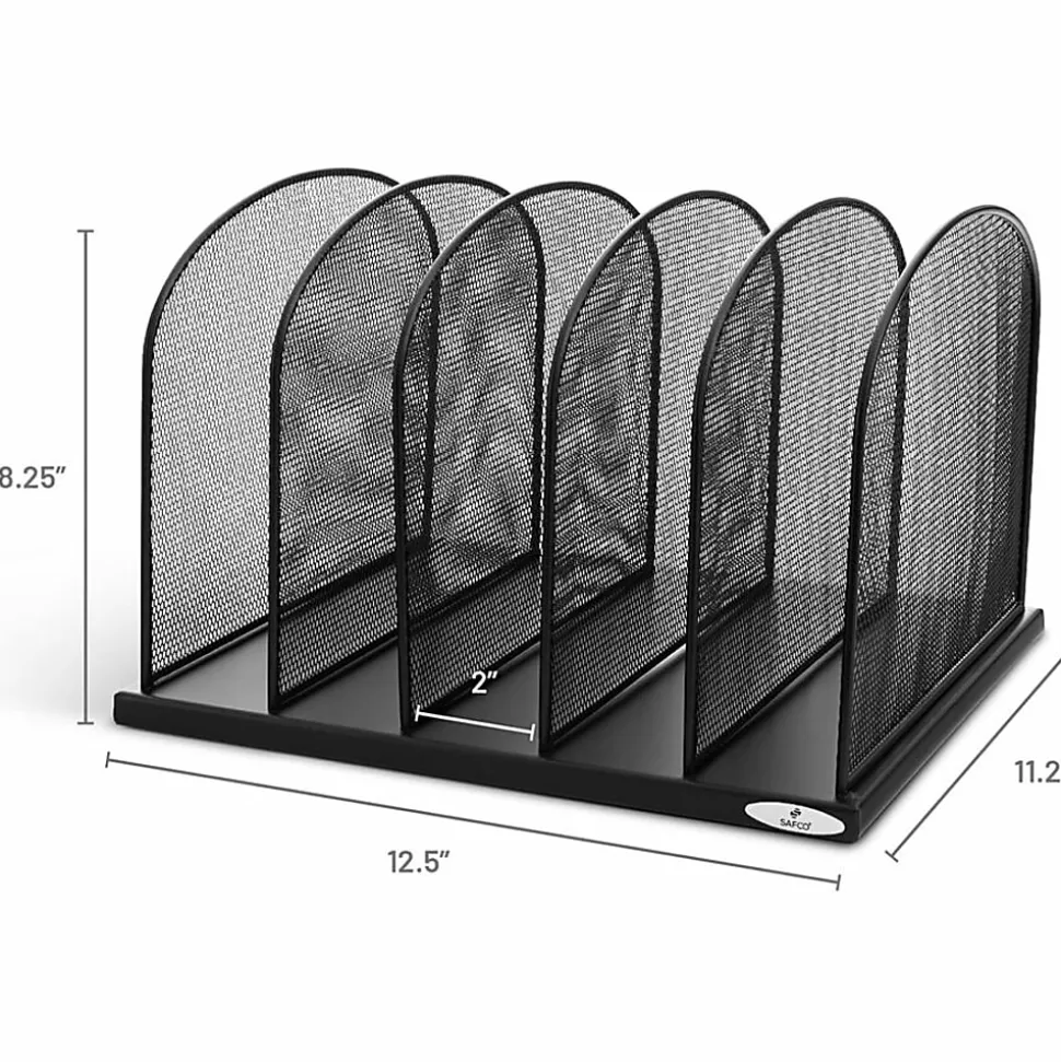 Safco Mesh Desk Organizers, 5 Compartment(s), 2", 8.3"H x 12.5"W x 11.3"D, Desktop, Black, Steel, 1Each