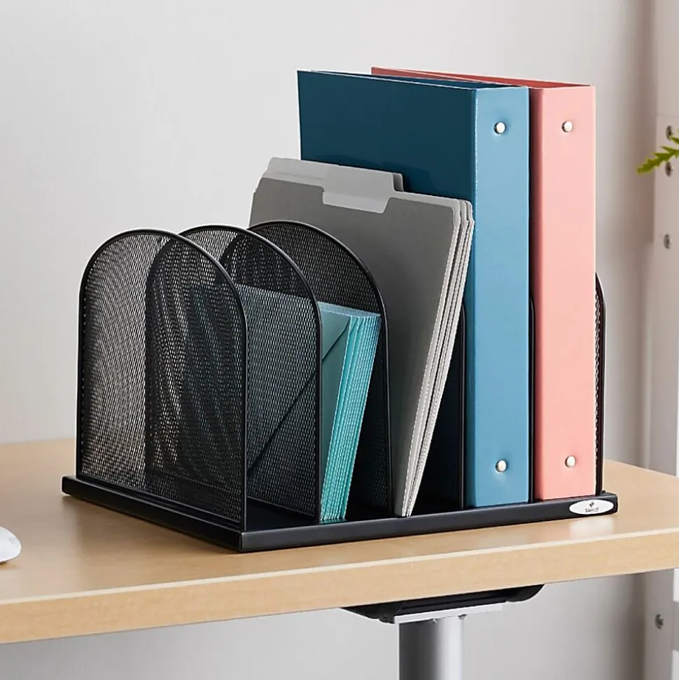 Safco Mesh Desk Organizers, 5 Compartment(s), 2", 8.3"H x 12.5"W x 11.3"D, Desktop, Black, Steel, 1Each