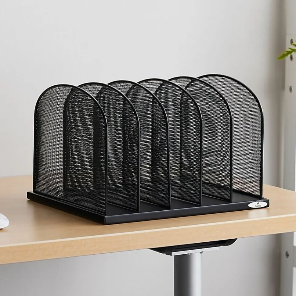 Safco Mesh Desk Organizers, 5 Compartment(s), 2", 8.3"H x 12.5"W x 11.3"D, Desktop, Black, Steel, 1Each