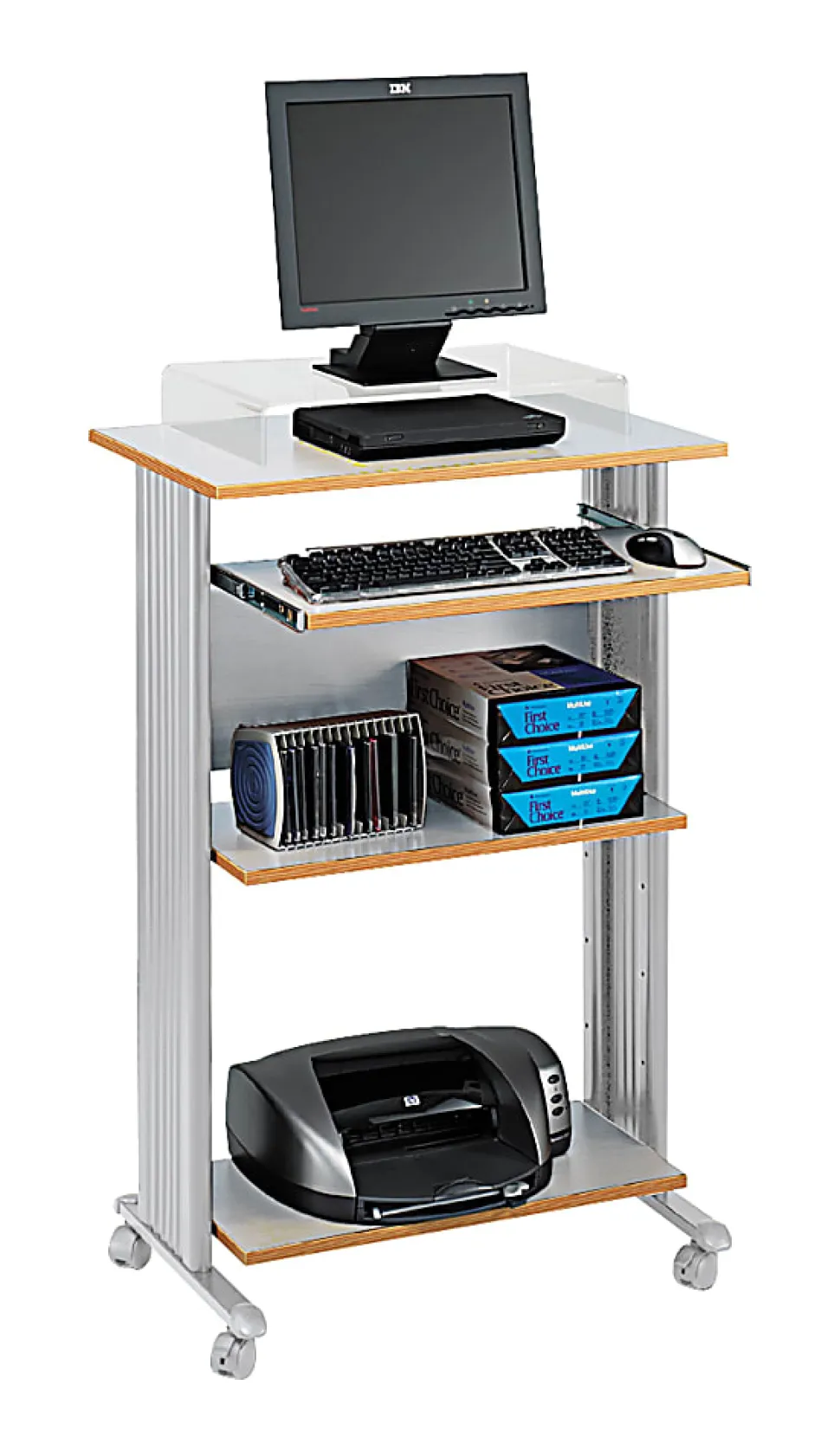 Safco® Muv 30"W Fixed Height Stand-Up Mobile Workstation With 2-Shelves and Keyborad Tray, Gray