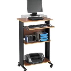 Safco® Muv 30"W Fixed Height Stand-Up Mobile Workstation With 2-Shelves and Keyborad Tray, Cherry/Black