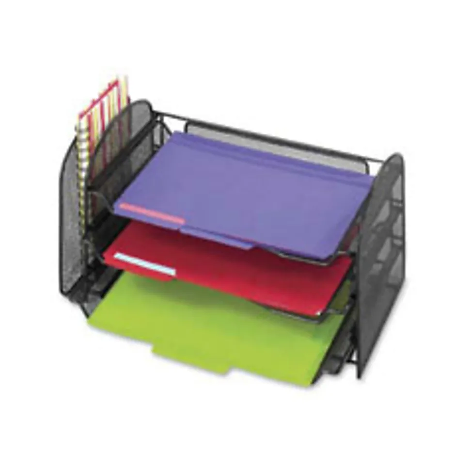 Safco Onyx 1 Upright/3 Tray Mesh Desk Organizer, 1 Pocket(s), 8"H x 17.25"W x 9"D, Desktop, Black