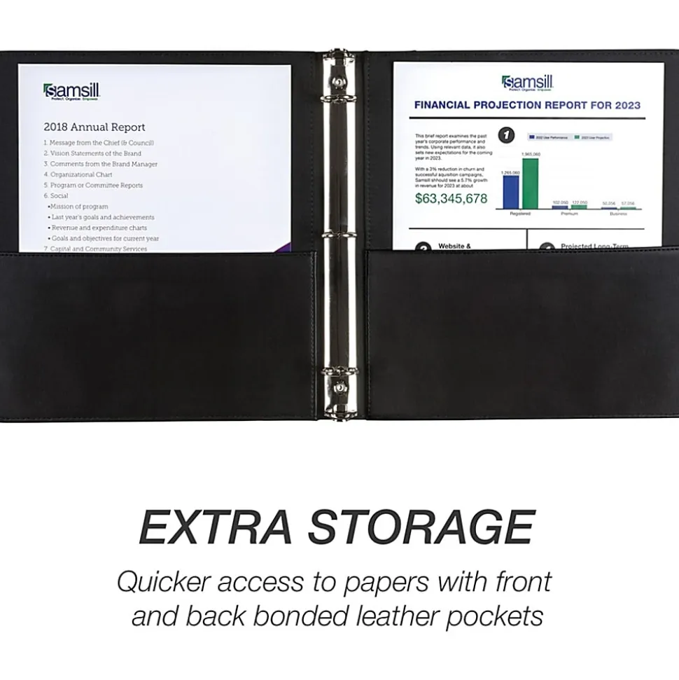 Samsill Contrast Stitch Bonded Leather Ring Binder, 1" Ring, 8 1/2" x 11", Black