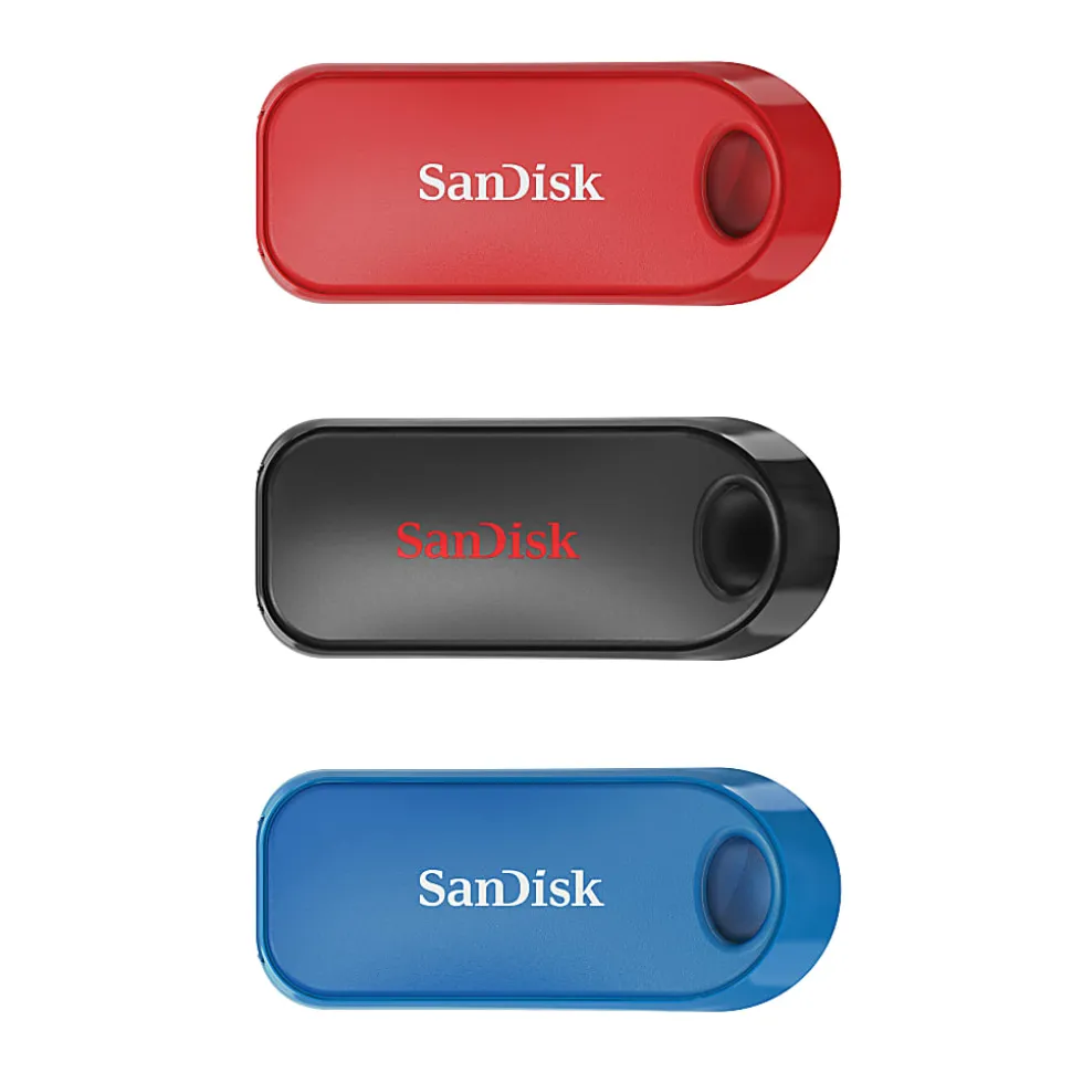 SanDisk® Cruzer Snap USB Flash Drives Pack of 3, 32GB, Black, Blue, Red